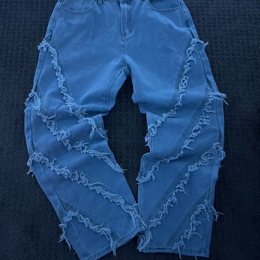 Blue Flare Wide Leg Distressed Jeans